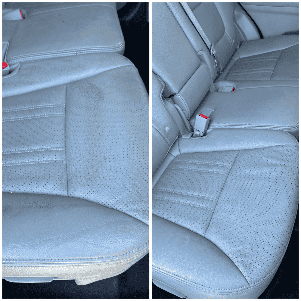 Side-by-side comparison of dirty light-colored car seats before detailing and perfectly restored clean seats after